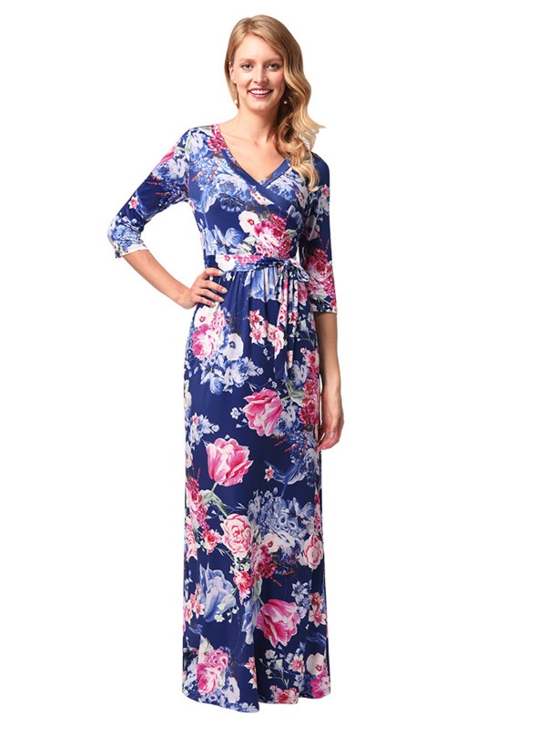 SZ60136-3 Floral Print Long Dress Short Sleeve Empire Flower Maxi Dresses